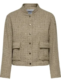 Blouson beige tweed avec une coupe droite et des boutons à l'avant
