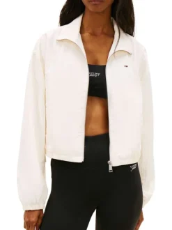 Blouson beige uni avec une coupe droite et un col montant à zip