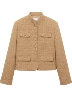 Blouson beige uni en tweed à coupe droite, col montant et boutons