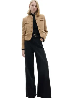 Blouson beige uni en tweed à coupe droite, col montant et boutons