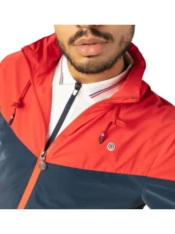 Blouson bicolore rouge et marine uni col à capuche amovible et fermeture zippée