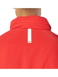Blouson bicolore rouge et marine uni col à capuche amovible et fermeture zippée