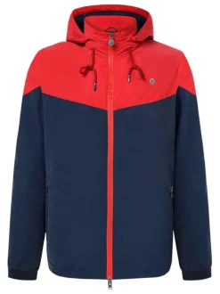 Blouson bicolore rouge et marine uni col à capuche amovible et fermeture zippée