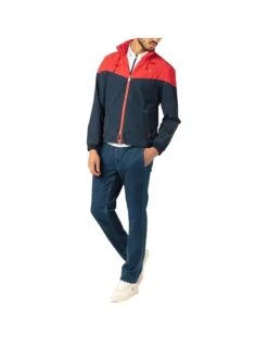 Blouson bicolore rouge et marine uni col à capuche amovible et fermeture zippée