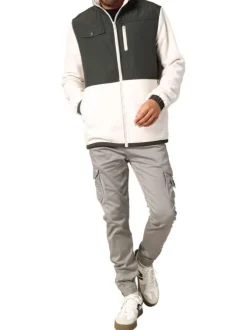 Blouson bi-matière écru et anthracite pourvu de poches plaquées