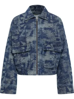 Blouson bleu en coton avec des imprimés abstraits à coupe droite