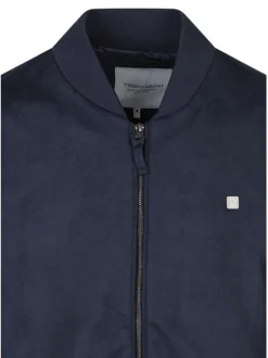 Blouson bleu foncé uni avec une coupe ajustée et un col montant