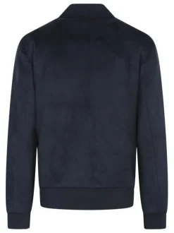 Blouson bleu foncé uni avec une coupe ajustée et un col montant