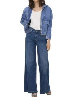 Blouson bleu jean uni en coton avec une coupe droite et un col à capuche