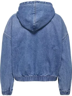 Blouson bleu jean uni en coton avec une coupe droite et un col à capuche