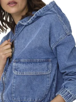 Blouson bleu jean uni en coton avec une coupe droite et un col à capuche