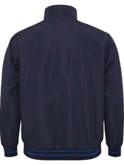 Blouson bleu marine uni avec un col montant et des liserés sur les manches