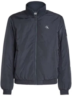 Blouson bleu marine uni avec une coupe droite et un col montant