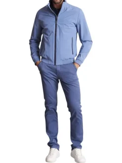 Blouson bleu uni à col montant avec des poches latérales zippées