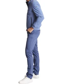 Blouson bleu uni à col montant avec des poches latérales zippées