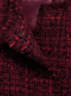 Blouson bordeaux en tweed à coupe droite, col rond et manches effilochées