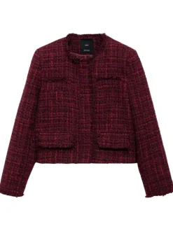 Blouson bordeaux en tweed à coupe droite, col rond et manches effilochées