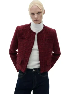 Blouson bordeaux en tweed à coupe droite, col rond et manches effilochées