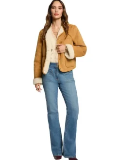 Blouson camel uni aspect daim pourvu de manches longues et d'un col rond