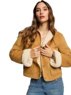 Blouson camel uni aspect daim pourvu de manches longues et d'un col rond