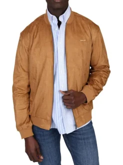 Blouson camel uni avec une coupe droite à col rond et logo iconique
