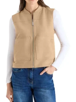 Blouson camel uni pouvu d'une coupe droite et d'un col montant