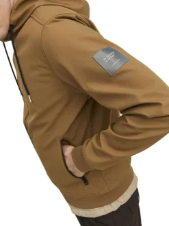 Blouson à capuche camel uni à manches longues et à fermeture zippée