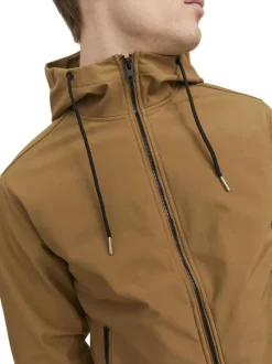 Blouson à capuche camel uni à manches longues et à fermeture zippée