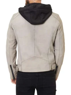 Blouson à capuche en cuir de mouton beige uni avec une coupe droite