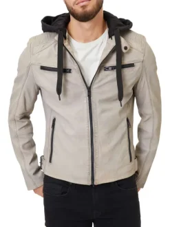 Blouson à capuche en cuir de mouton beige uni avec une coupe droite
