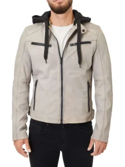 Blouson à capuche en cuir de mouton beige uni avec une coupe droite