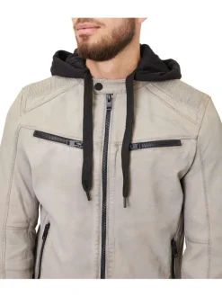 Blouson à capuche en cuir de mouton beige uni avec une coupe droite