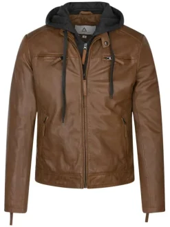 Blouson à capuche en cuir de mouton camel uni à fermeture zippée