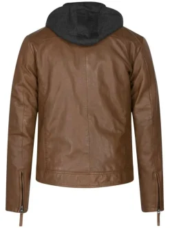 Blouson à capuche en cuir de mouton camel uni à fermeture zippée