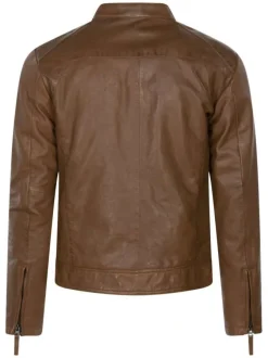 Blouson à capuche en cuir de mouton camel uni à fermeture zippée