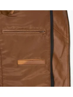 Blouson à capuche en cuir de mouton camel uni à fermeture zippée