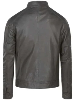 Blouson à capuche en cuir gris uni avec une fermeture zippée
