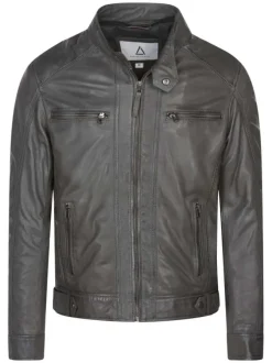 Blouson à capuche en cuir gris uni avec une fermeture zippée
