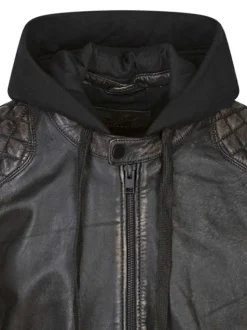 Blouson à capuche en cuir noir uni à coupe ajustée avec des poches zippées
