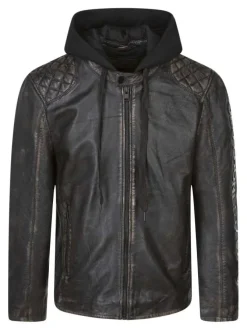 Blouson à capuche en cuir noir uni à coupe ajustée avec des poches zippées