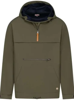 Blouson à capuche kaki uni coupe droite col montant et zippé