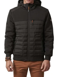Blouson à capuche noir bi-matière avec une coupe droite et des poches