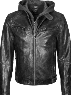 Blouson à capuche noir en cuir d'agneau uni avec une coupe droite et une fermeture zippée