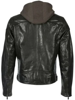 Blouson à capuche noir en cuir d'agneau uni avec une coupe droite et une fermeture zippée