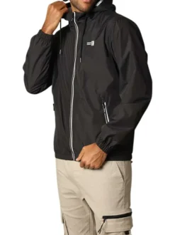Blouson à capuche noir uni avec des détails blancs et à coupe droite