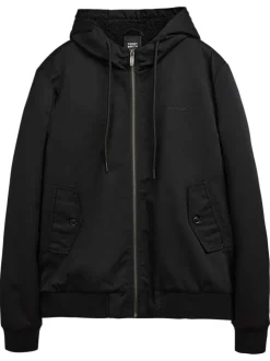 Blouson à capuche noir uni zippé à coupe droite avec le nom de la marque