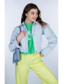 Blouson ciel en coton uni à col chemise et manches longues avec boutons argentés