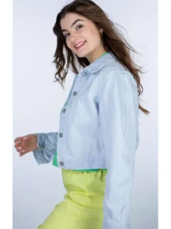 Blouson ciel en coton uni à col chemise et manches longues avec boutons argentés