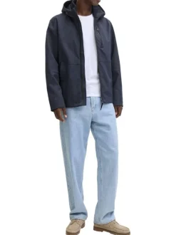 Blouson coupe-vent marine à coupe droite pourvu d'un col à capuche