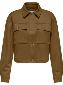 Blouson court camel uni avec une coupe droite et un col à revers